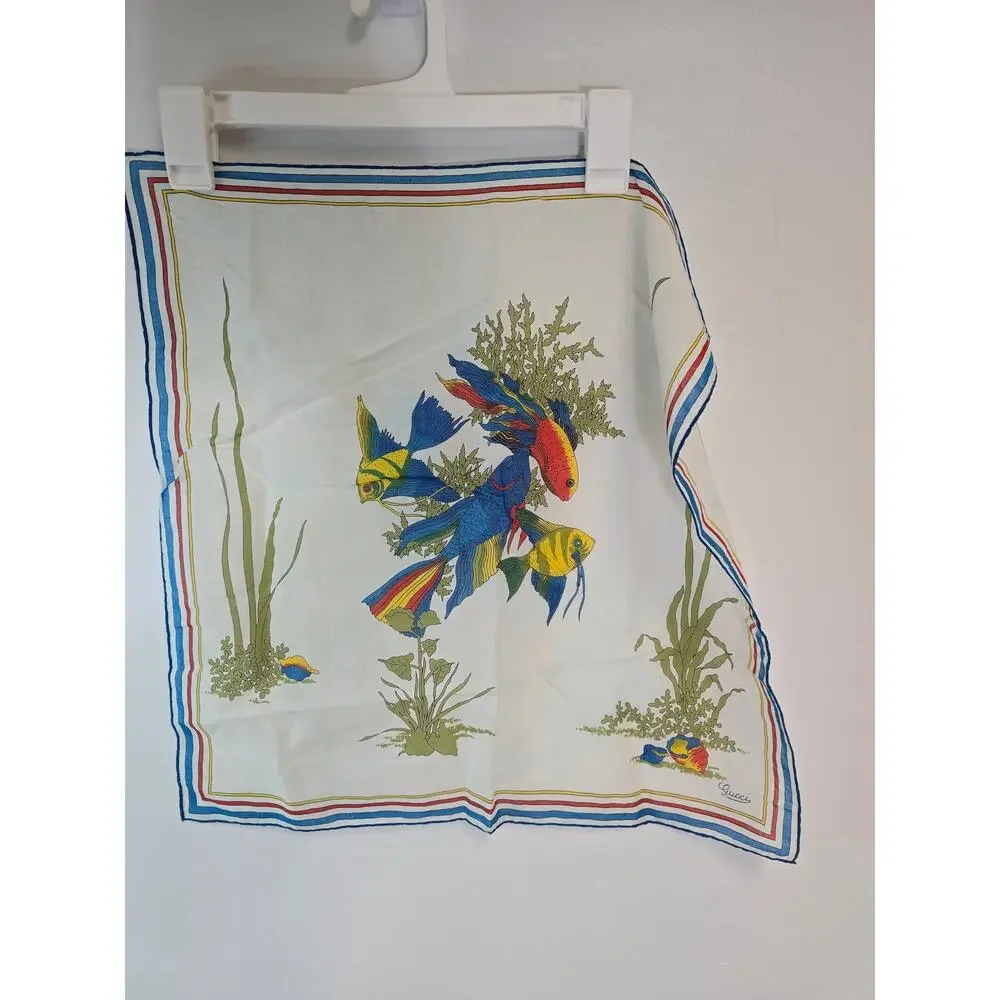 Gucci Scarf Fish Print Silk Square Bandana 18 x 18